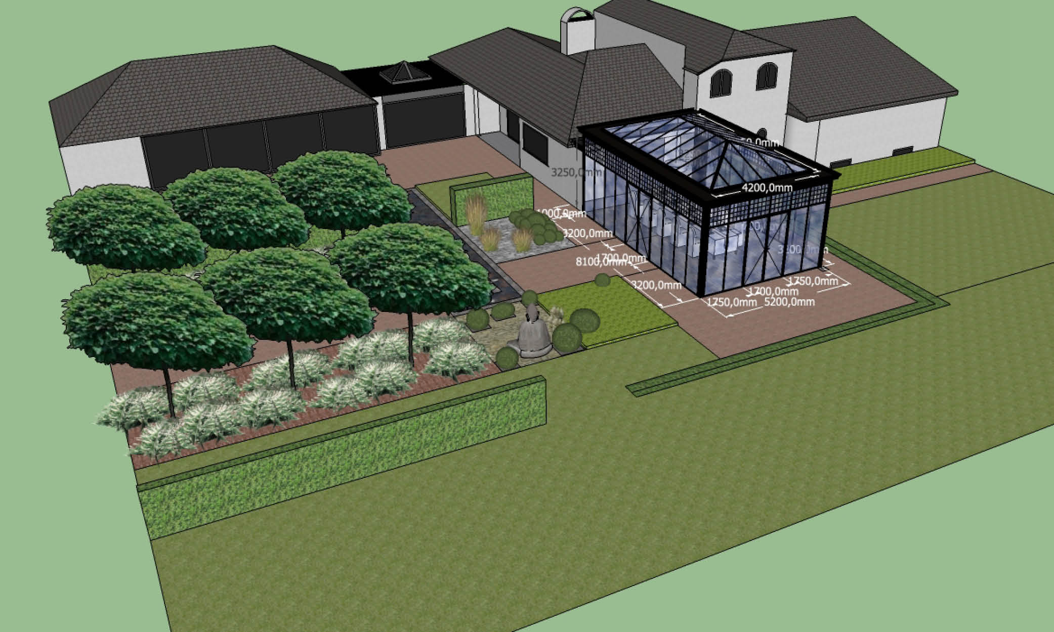 Landelijk leefkeuken 3D render met tuin